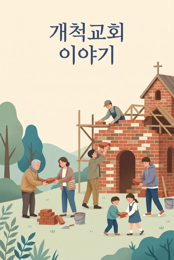 《개척교회 이야기》(가제) 표지 예시. 여러 세대의 사람들이 벽돌을 나르며 함께 교회를 짓는 그림.