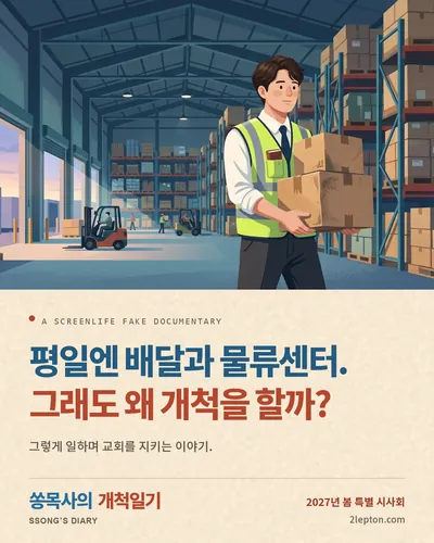 피드 이미지 미리보기. 물류센터의 송도윤 아래에 ‘평일엔 배달과 물류센터. 그래도 왜 개척을 할까?’