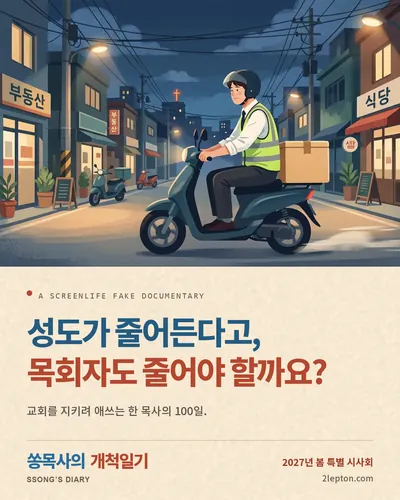 피드 이미지 미리보기. 밤 골목의 송도윤 아래에 ‘성도가 줄어든다고, 목회자도 줄어야 할까요?’