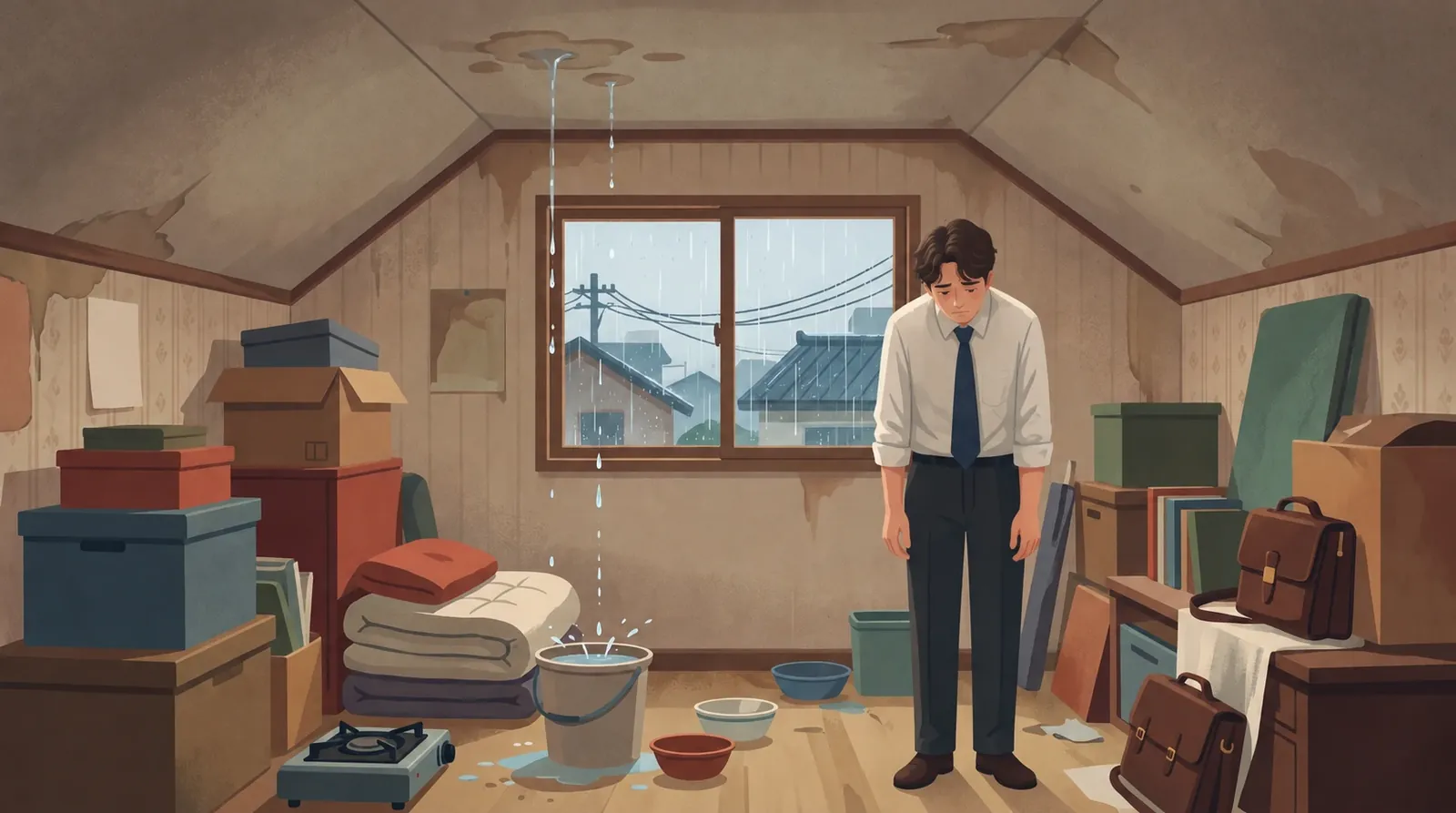 비가 새는 다락방. 천장에서 떨어지는 빗물이 양동이와 그릇에 고이고, 이삿짐 상자 사이에 송도윤이 고개를 떨군 채 서 있다.