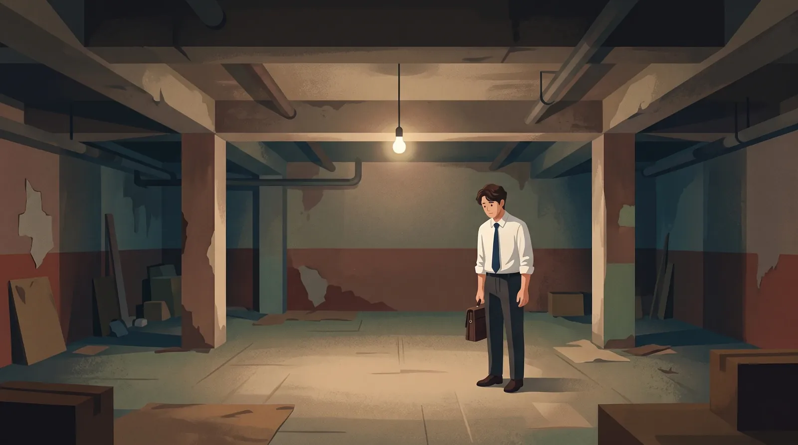 전구 하나가 켜진 낡은 지하 공간. 송도윤이 가방을 든 채 고개를 숙이고 서 있다.