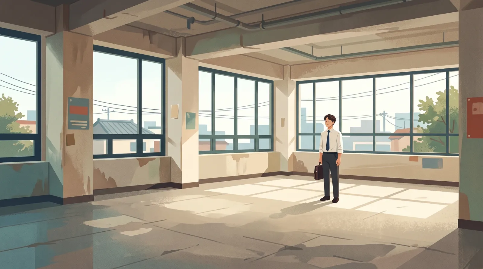 햇빛이 드는 텅 빈 상가. 기둥과 넓은 창만 있는 공간에 송도윤이 가방을 들고 서 있다.