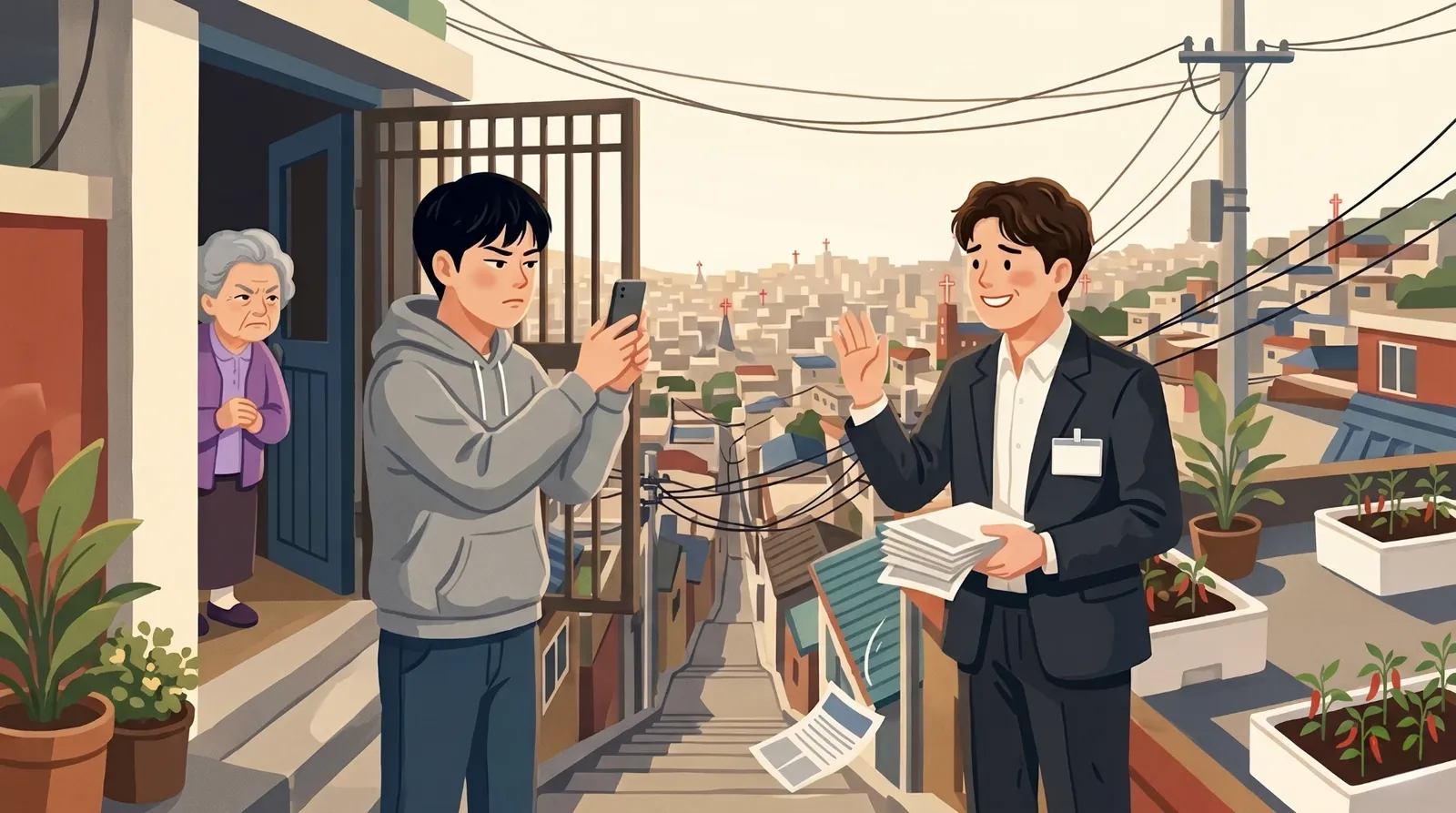 전선이 얽힌 산동네 골목. 양복을 입은 송도윤이 전단지 뭉치를 들고 웃으며 손을 흔들고, 회색 후드티를 입은 청년이 휴대폰으로 그를 찍는다. 문 뒤에서 할머니가 못마땅한 얼굴로 내다본다.