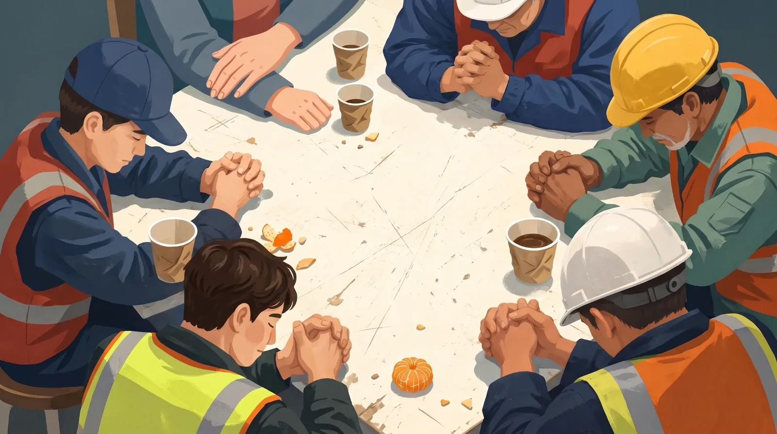 위에서 내려다본 휴게실 탁자. 형광 조끼와 안전모 차림의 사람들이 종이컵과 귤 사이로 두 손을 모으고 고개 숙여 기도한다.