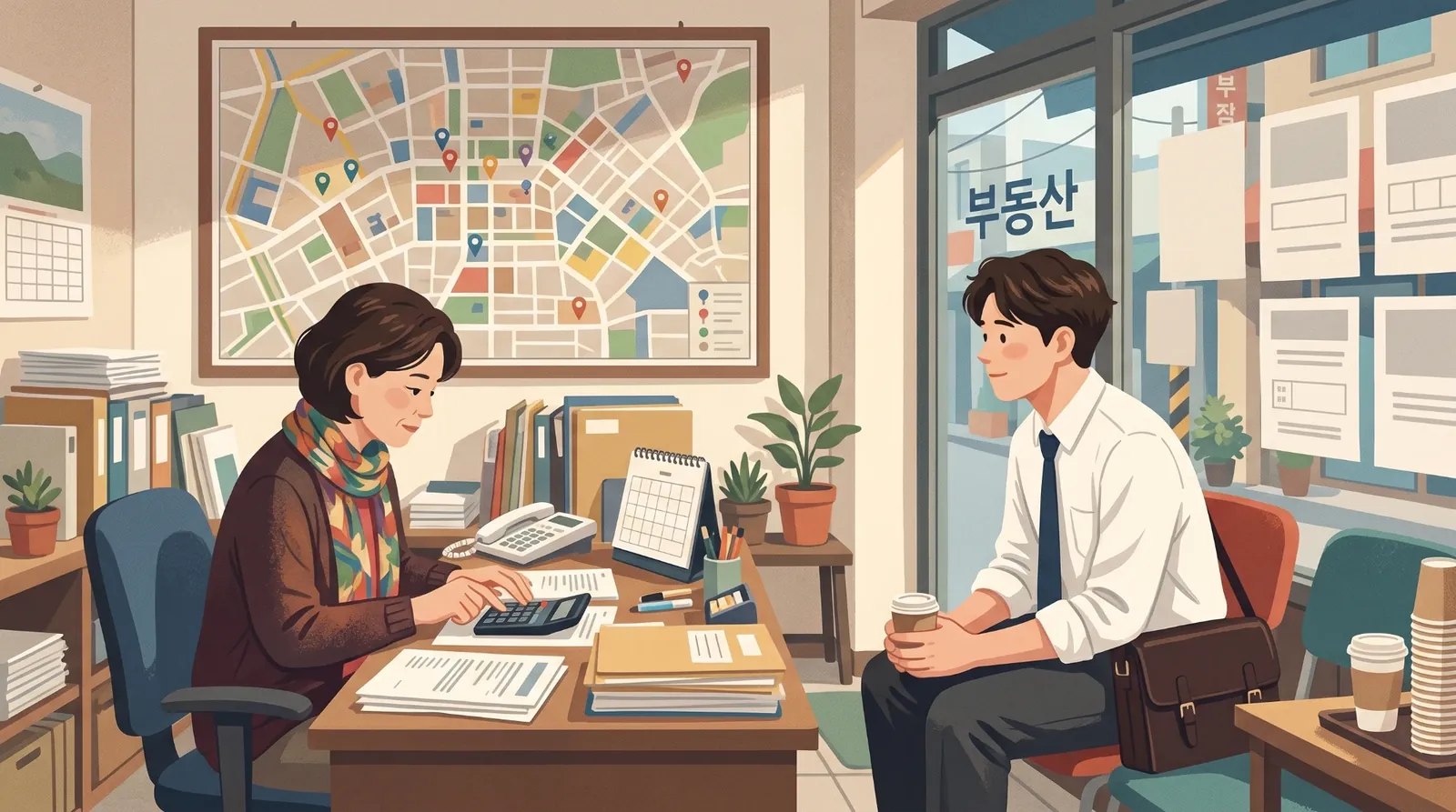 부동산 사무실. 중개인이 계산기를 두드리고, 맞은편의 송도윤은 커피를 든 채 웃으며 기다린다. 벽에 동네 지도가 걸려 있다.