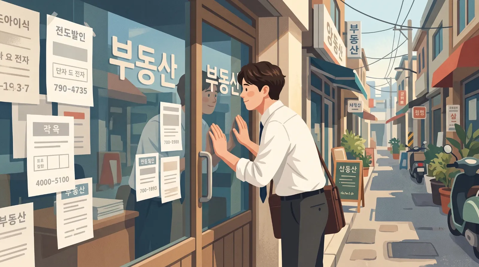 부동산 유리창에 붙은 매물 전단을 송도윤이 두 손을 대고 들여다본다. 골목에 부동산 간판이 여럿 걸려 있다.
