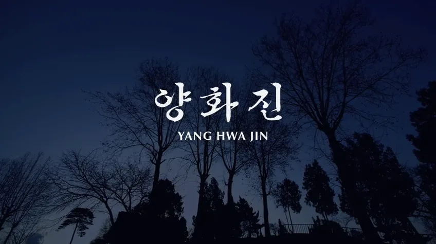 밤하늘 아래 나무 실루엣 위로 ‘양화진 YANG HWA JIN’이라는 제목이 떠 있는 영상 장면.